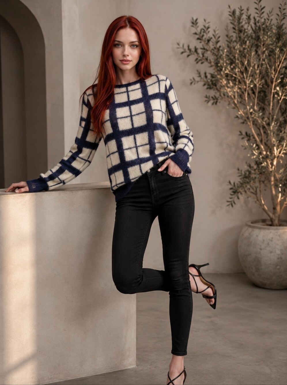 Mama Ashu 100% Alpaca Windowpane Check Sweater L Handmade Peru Quiet Luxury CC